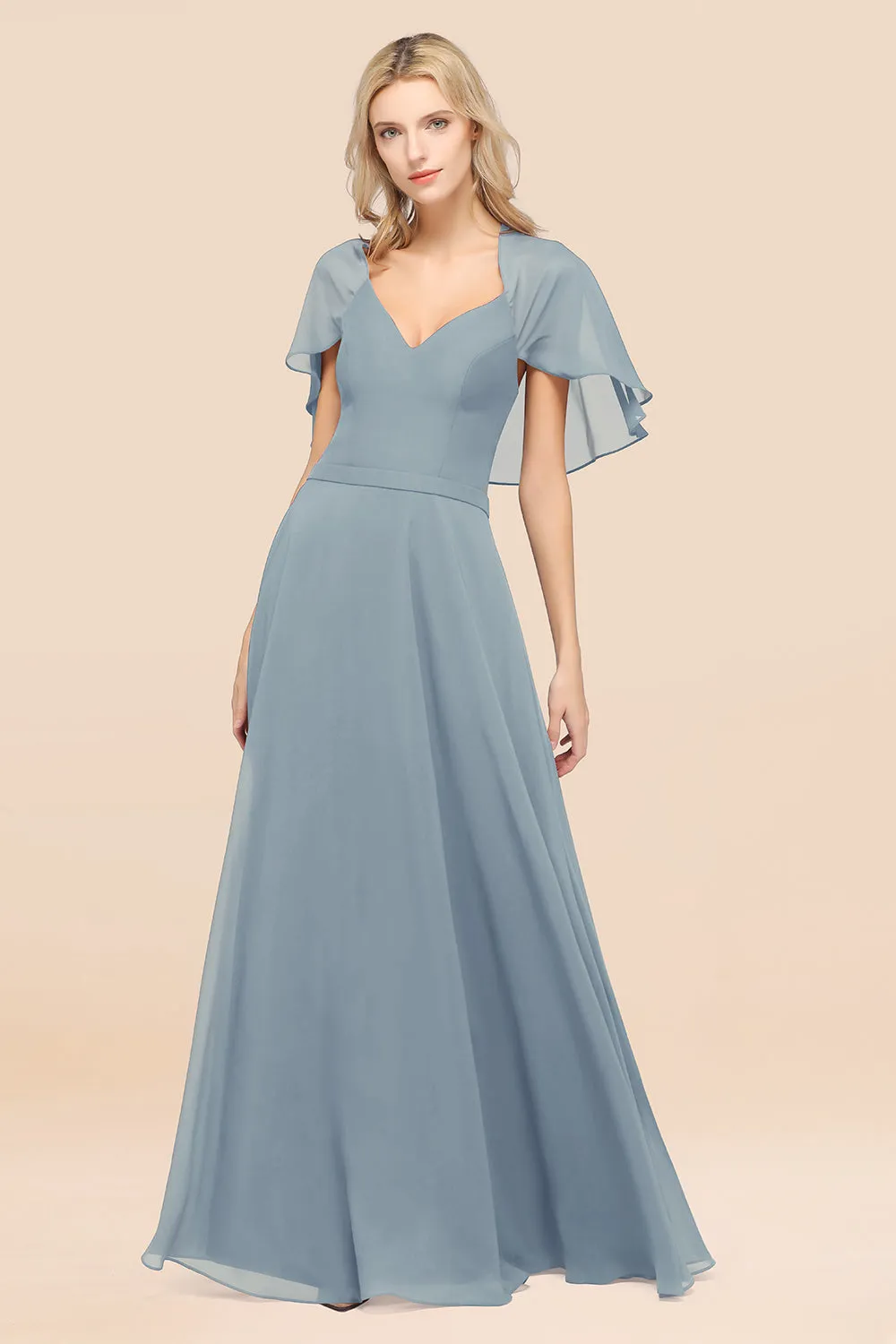 A-Line Chiffon Satin V-Neck Long Bridesmaid Dress with Sleeves