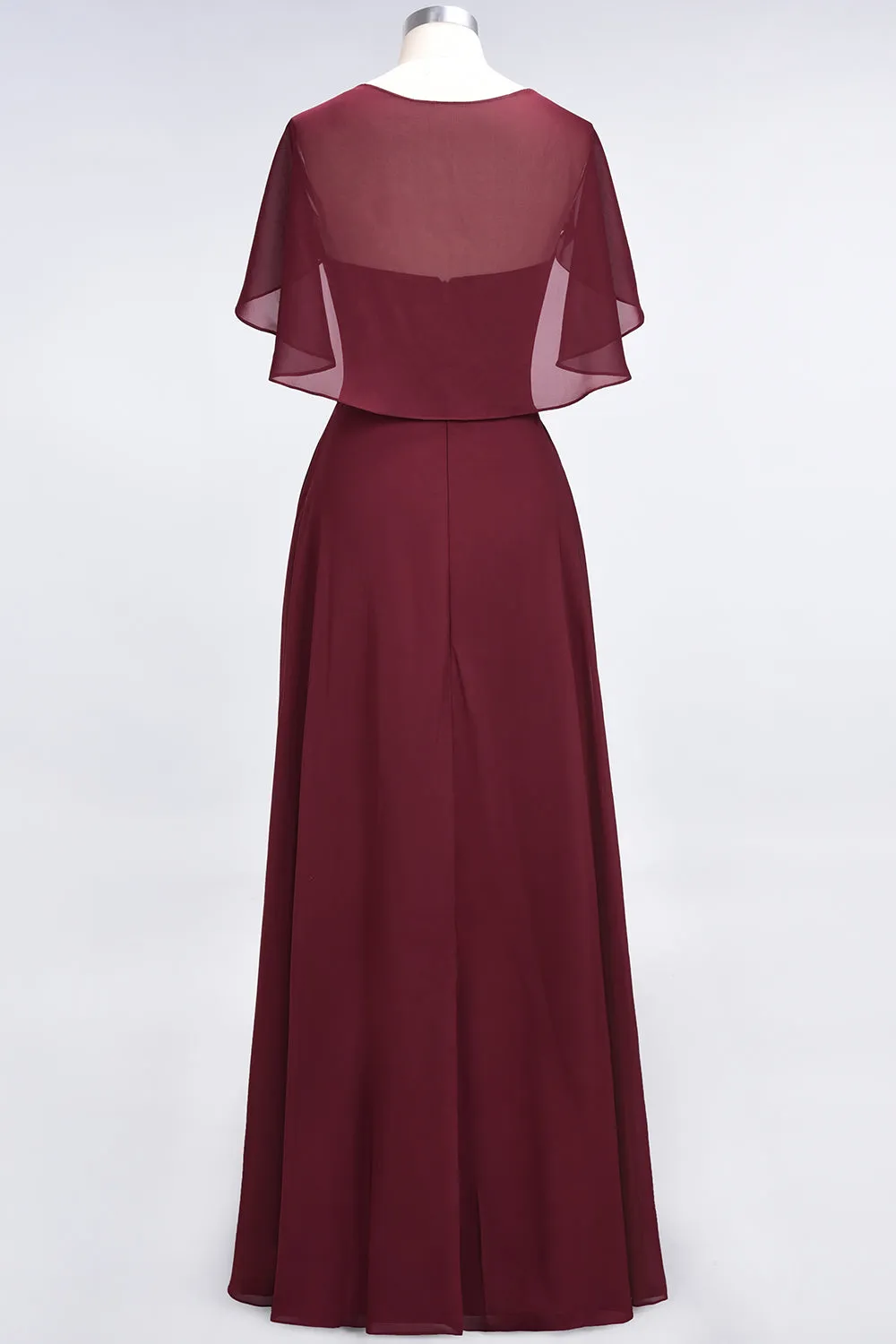 A-Line Chiffon Satin V-Neck Long Bridesmaid Dress with Sleeves