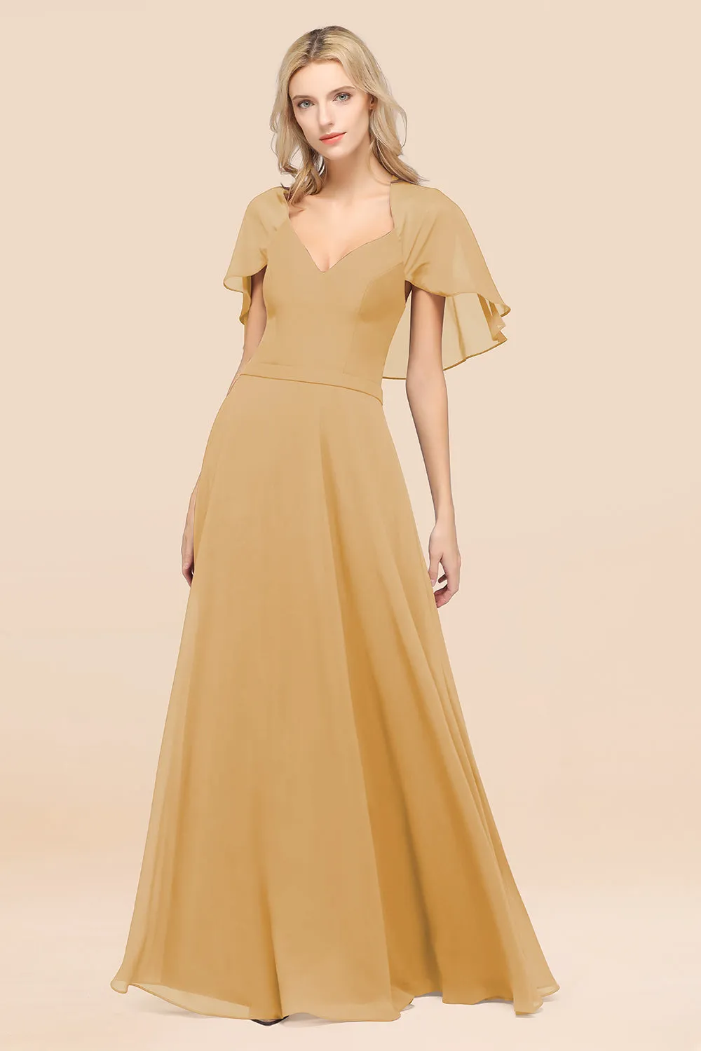 A-Line Chiffon Satin V-Neck Long Bridesmaid Dress with Sleeves