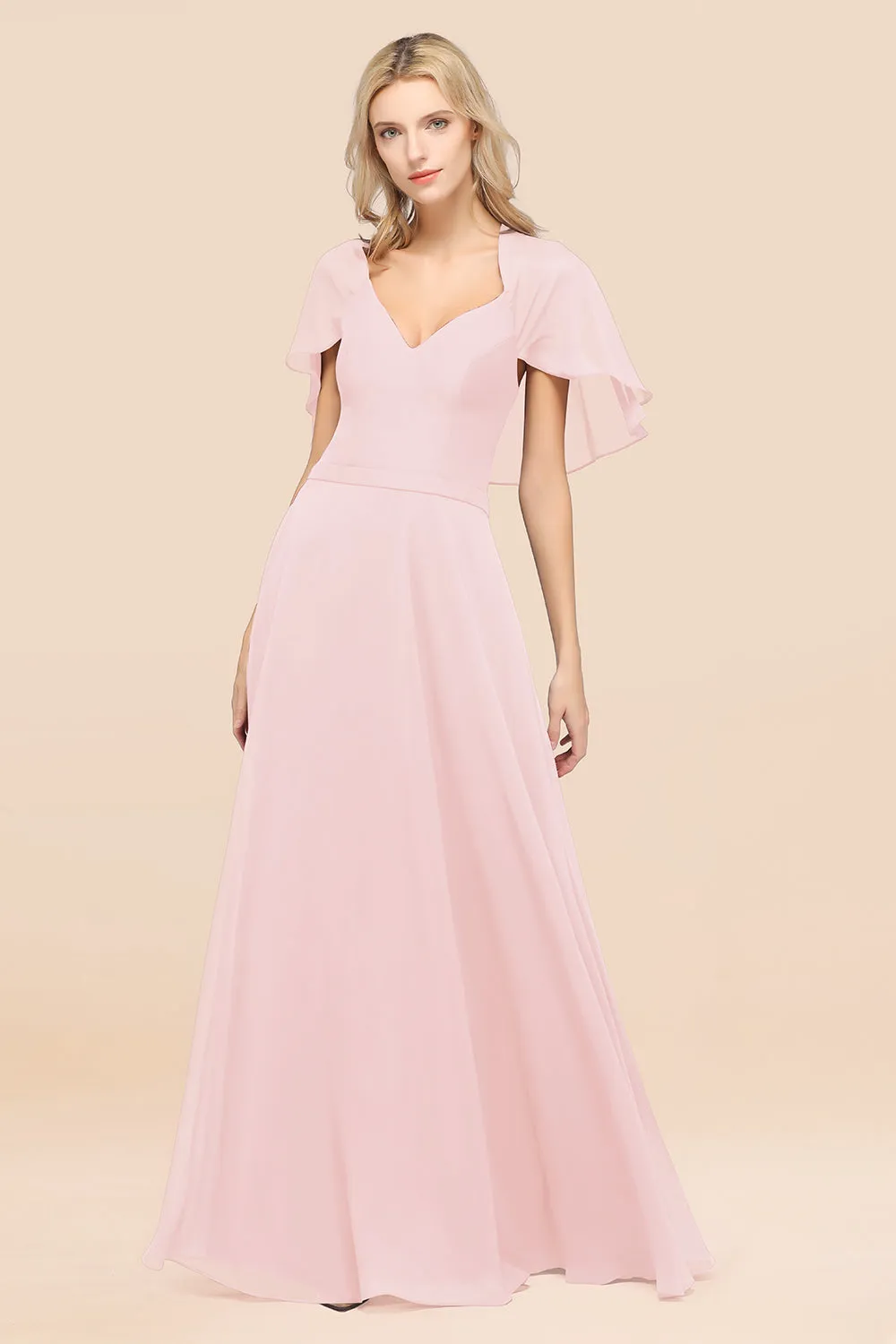 A-Line Chiffon Satin V-Neck Long Bridesmaid Dress with Sleeves