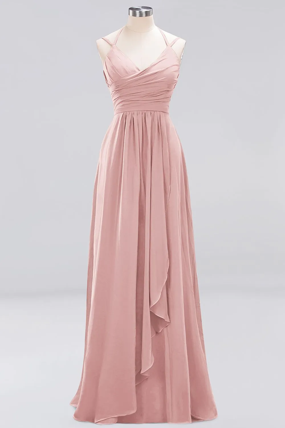 A-line Chiffon Spaghetti Straps Sleeveless Ruffles Long Bridesmaid Dresses