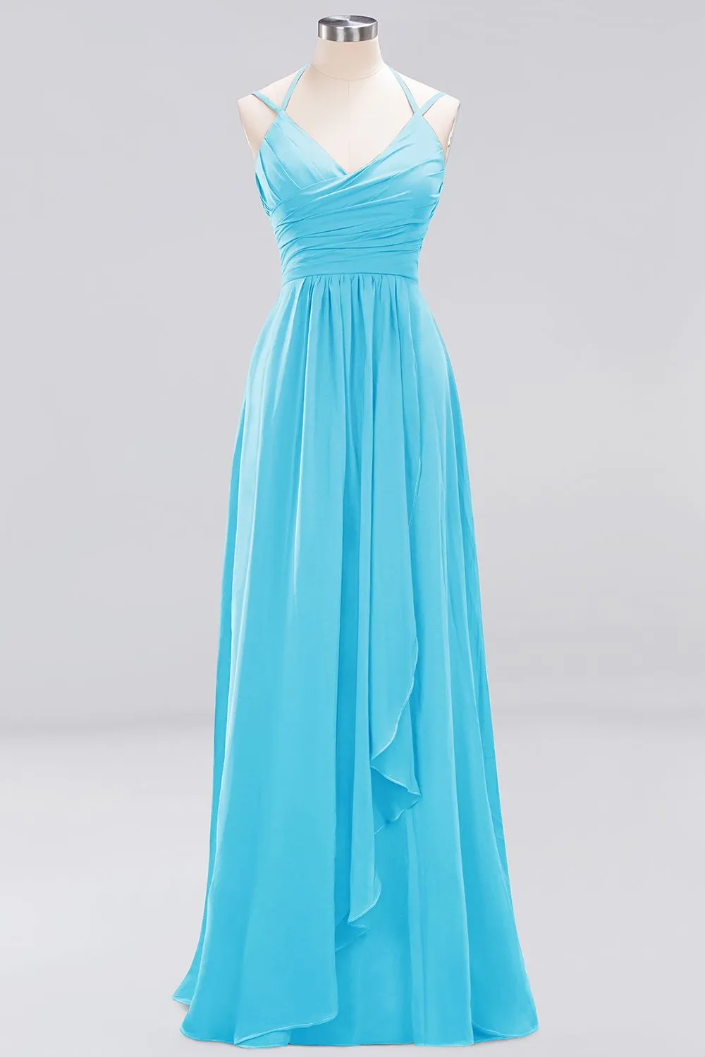 A-line Chiffon Spaghetti Straps Sleeveless Ruffles Long Bridesmaid Dresses