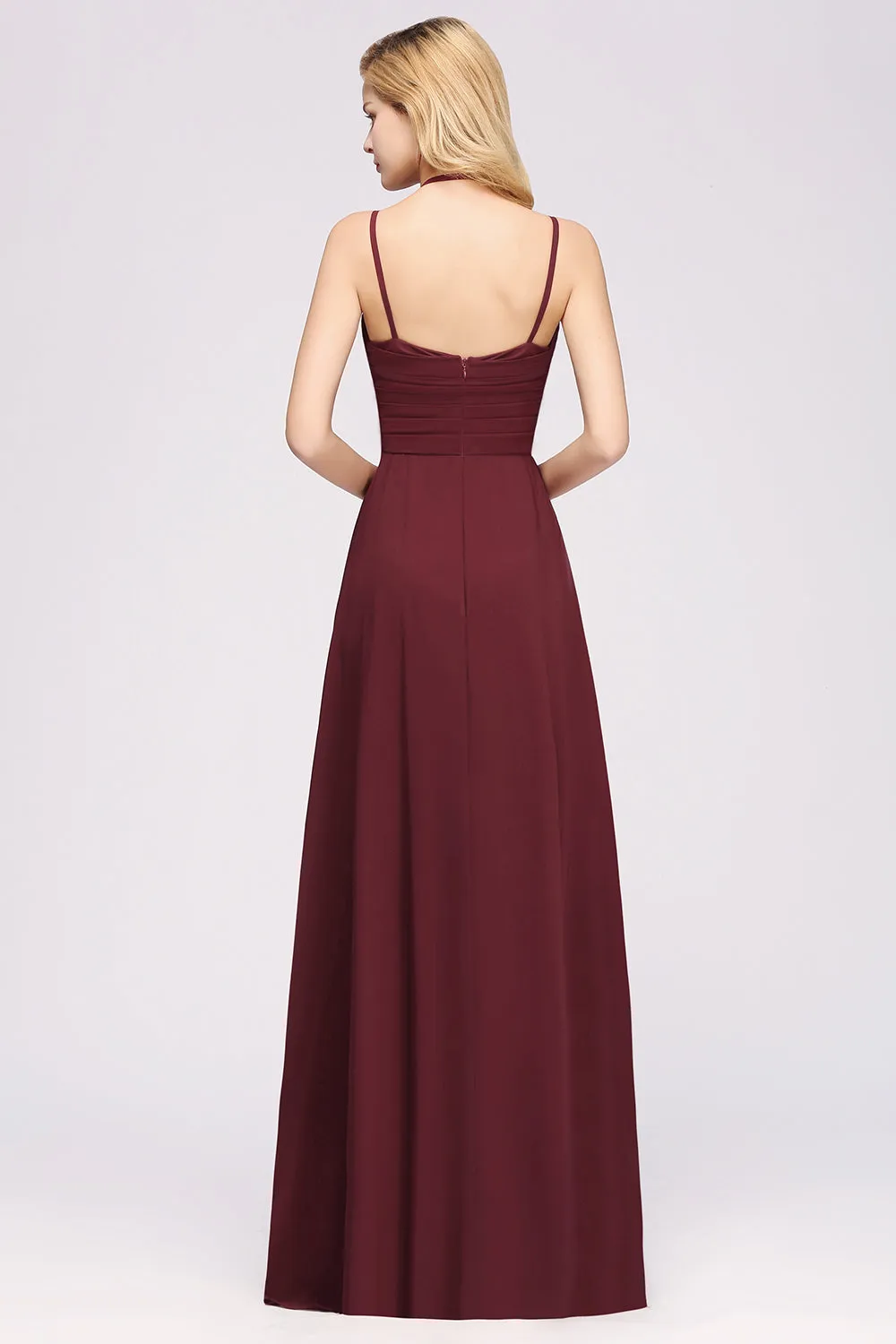 A-line Chiffon Spaghetti Straps Sleeveless Ruffles Long Bridesmaid Dresses