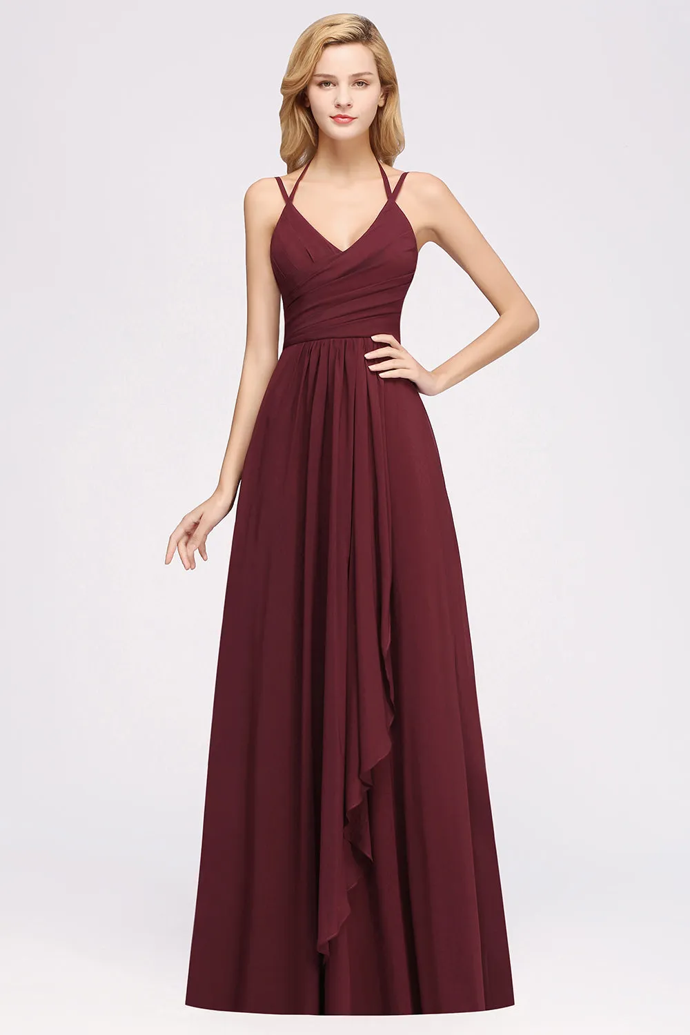 A-line Chiffon Spaghetti Straps Sleeveless Ruffles Long Bridesmaid Dresses