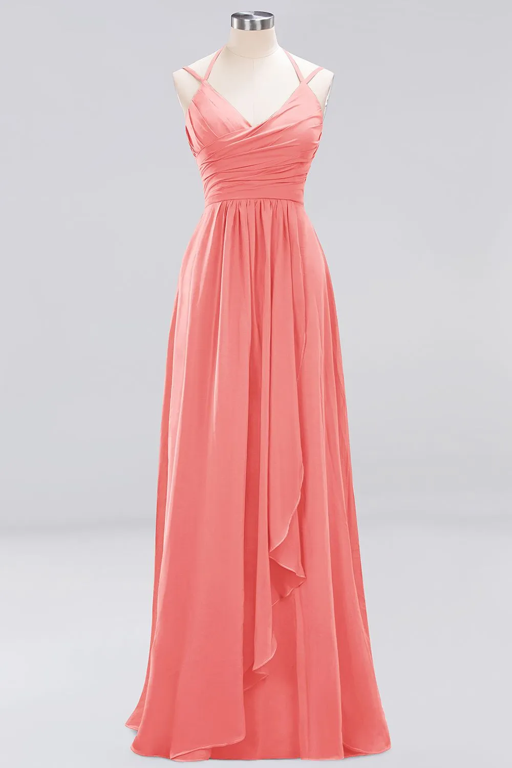 A-line Chiffon Spaghetti Straps Sleeveless Ruffles Long Bridesmaid Dresses