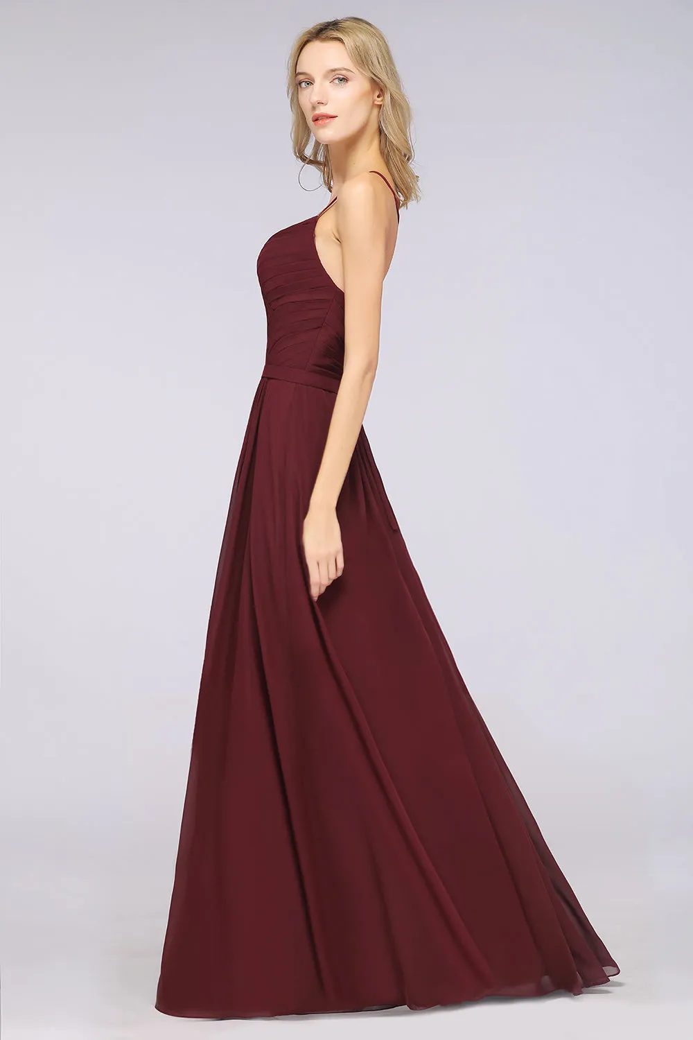 A-Line Chiffon Sweetheart Long Backless Bridesmaid Dress with Ruffles