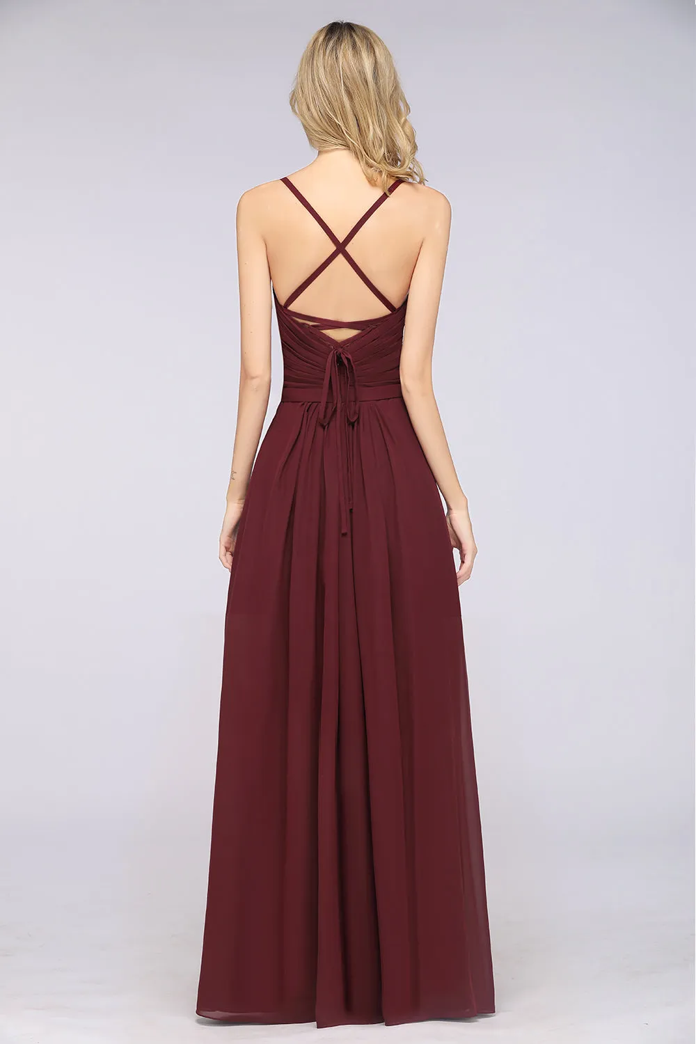 A-Line Chiffon Sweetheart Long Backless Bridesmaid Dress with Ruffles