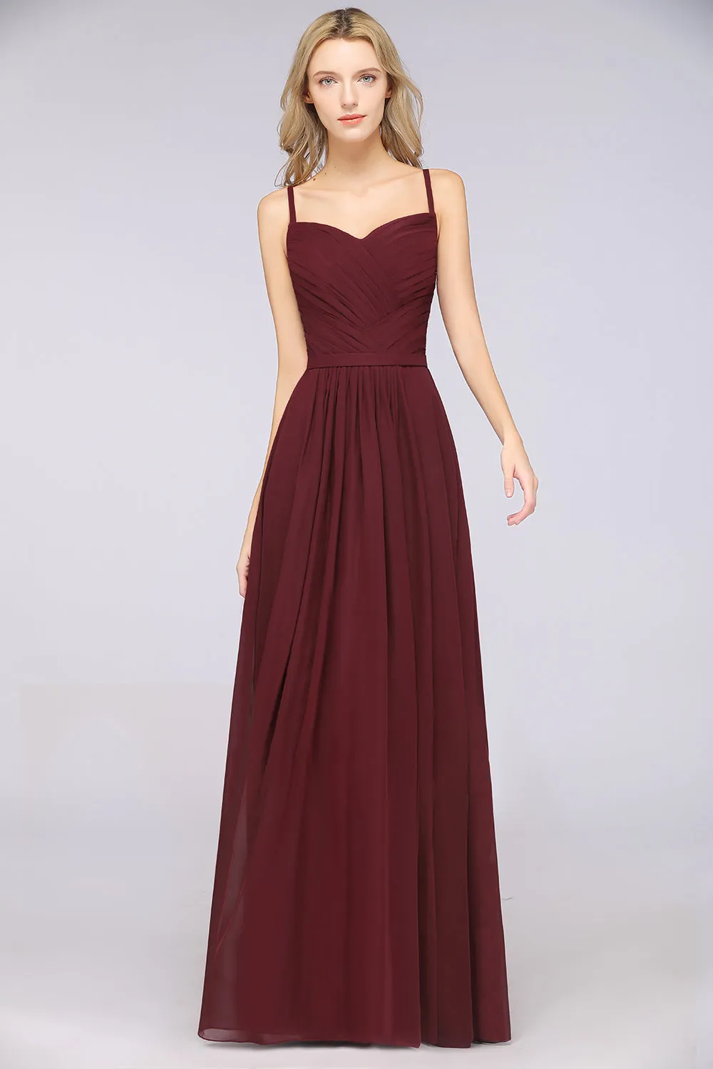 A-Line Chiffon Sweetheart Long Backless Bridesmaid Dress with Ruffles