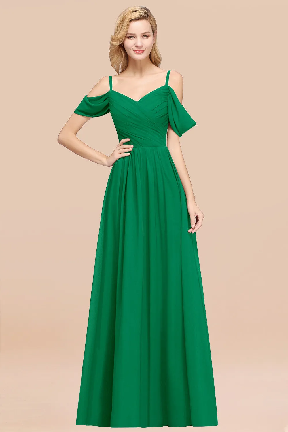 A-Line Chiffon V-Neck Spaghetti Straps Ruffles Long Bridesmaid Dresses with Sleeves