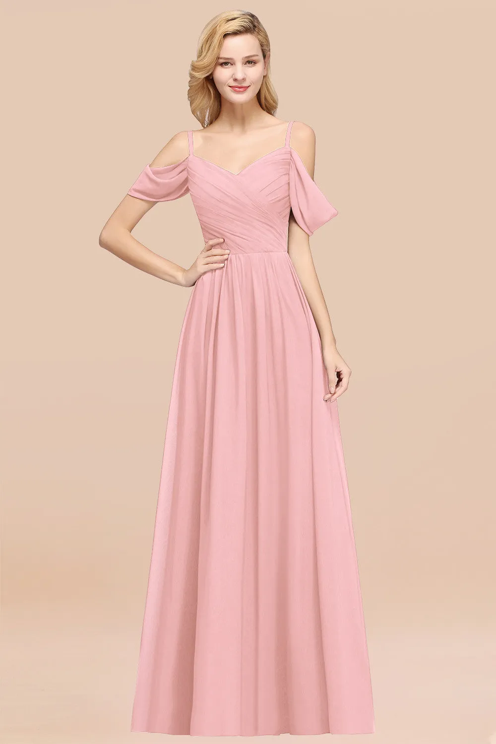 A-Line Chiffon V-Neck Spaghetti Straps Ruffles Long Bridesmaid Dresses with Sleeves