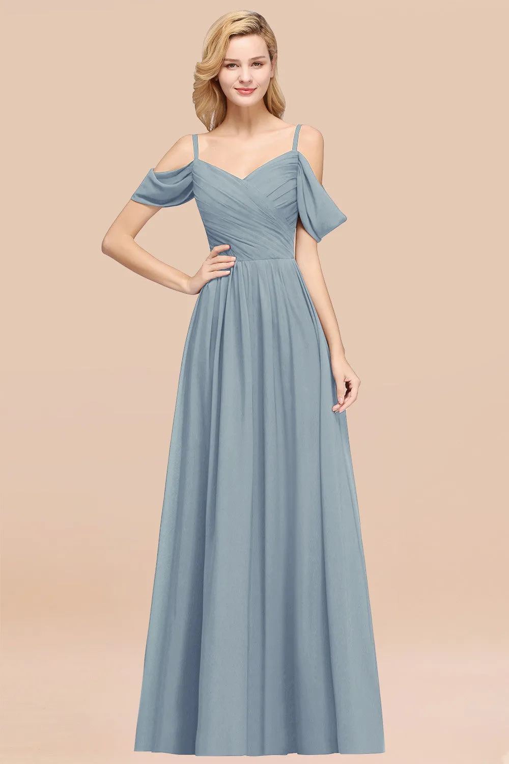 A-Line Chiffon V-Neck Spaghetti Straps Ruffles Long Bridesmaid Dresses with Sleeves