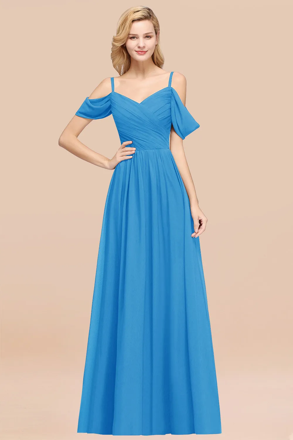 A-Line Chiffon V-Neck Spaghetti Straps Ruffles Long Bridesmaid Dresses with Sleeves