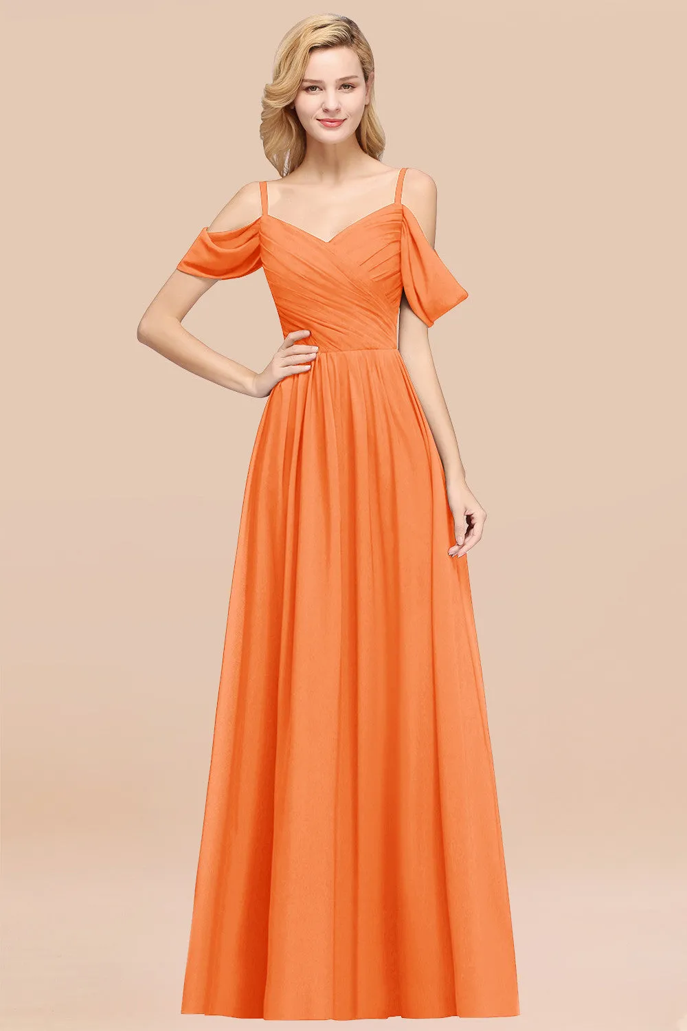 A-Line Chiffon V-Neck Spaghetti Straps Ruffles Long Bridesmaid Dresses with Sleeves