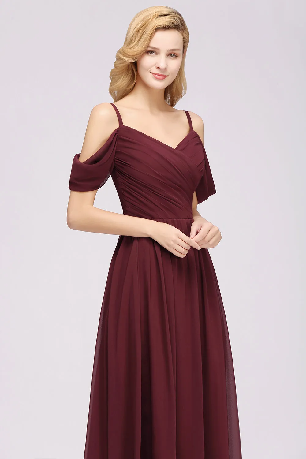 A-Line Chiffon V-Neck Spaghetti Straps Ruffles Long Bridesmaid Dresses with Sleeves