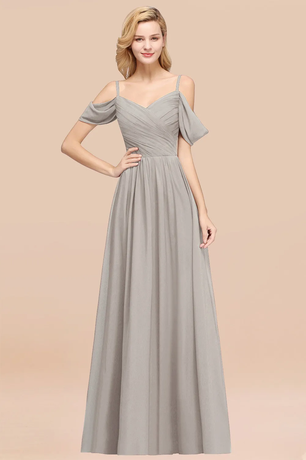 A-Line Chiffon V-Neck Spaghetti Straps Ruffles Long Bridesmaid Dresses with Sleeves