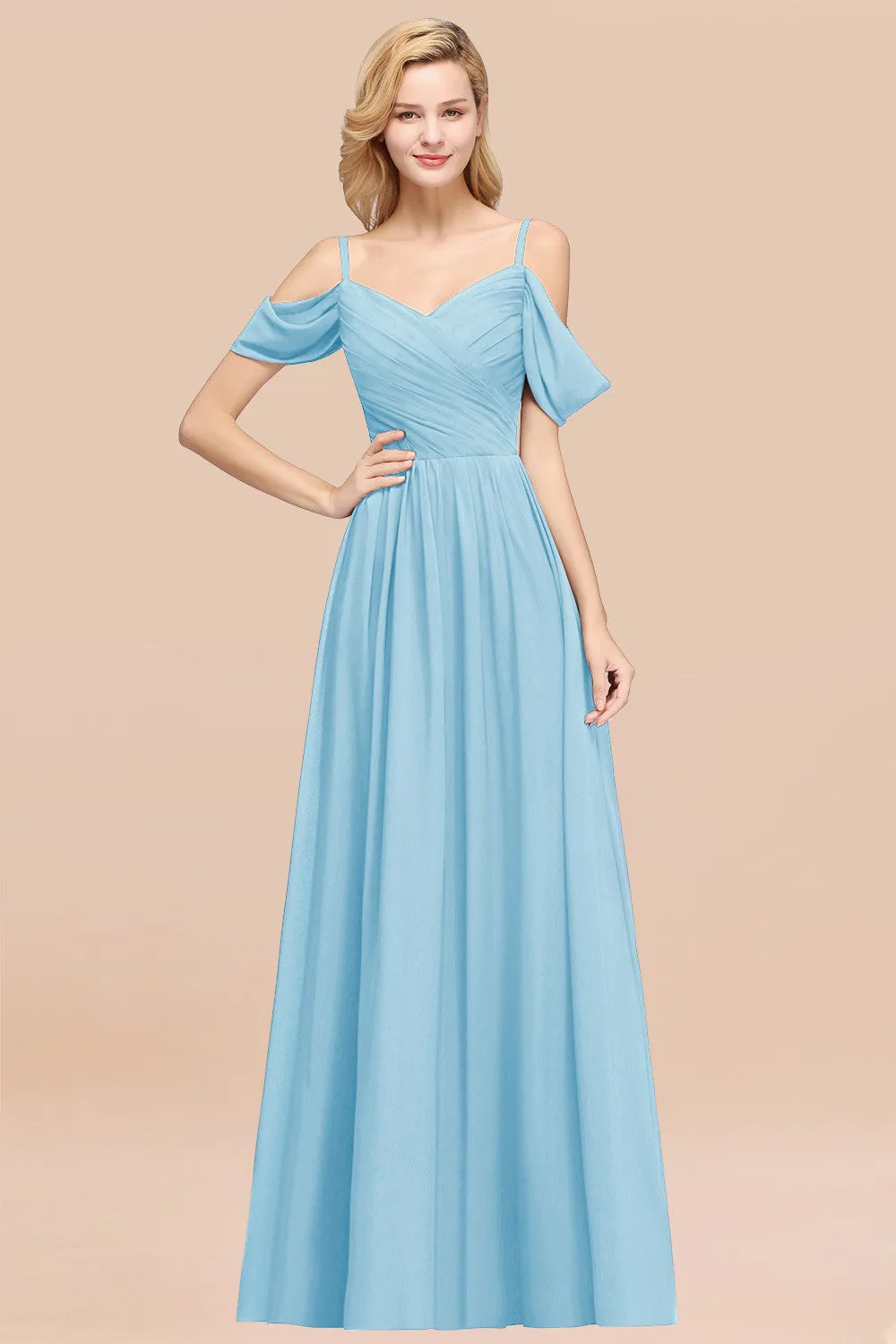 A-Line Chiffon V-Neck Spaghetti Straps Ruffles Long Bridesmaid Dresses with Sleeves