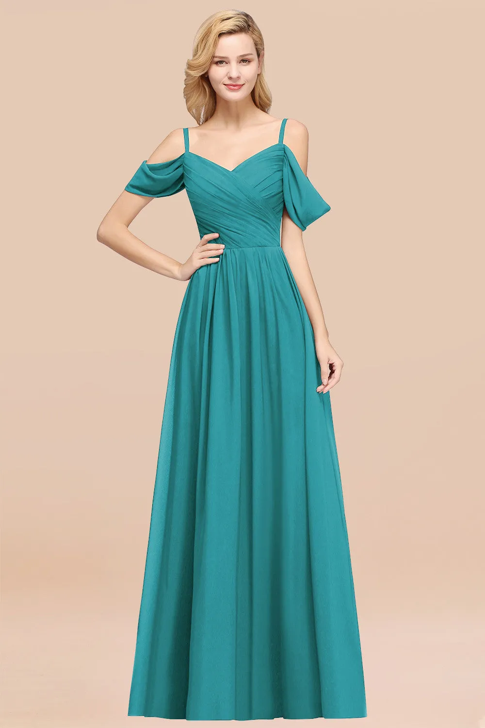 A-Line Chiffon V-Neck Spaghetti Straps Ruffles Long Bridesmaid Dresses with Sleeves