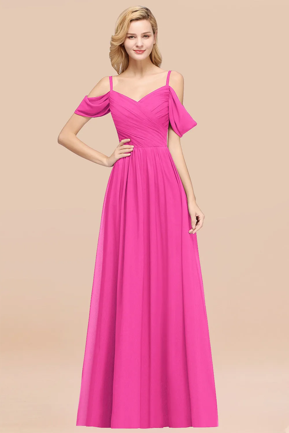 A-Line Chiffon V-Neck Spaghetti Straps Ruffles Long Bridesmaid Dresses with Sleeves