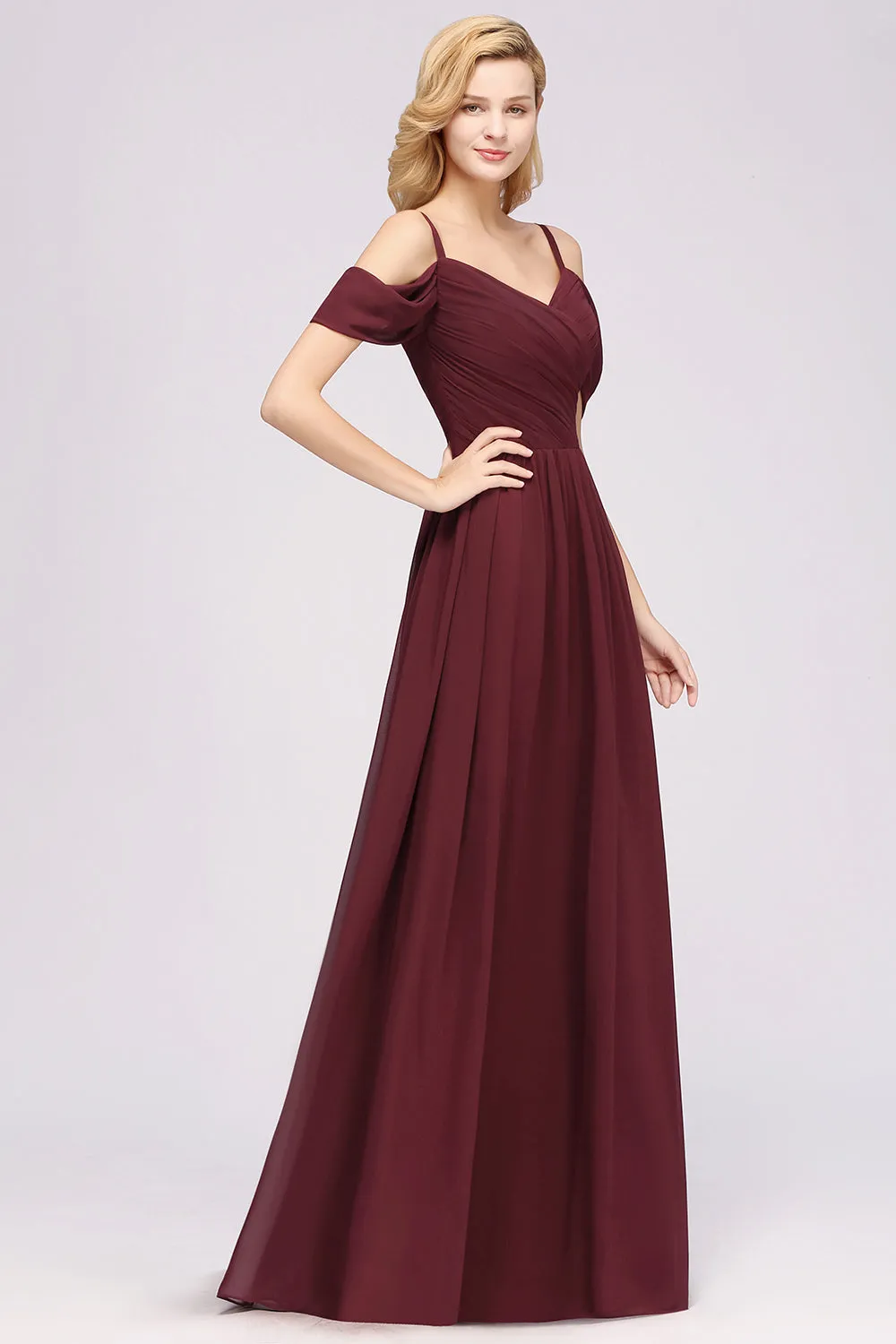 A-Line Chiffon V-Neck Spaghetti Straps Ruffles Long Bridesmaid Dresses with Sleeves