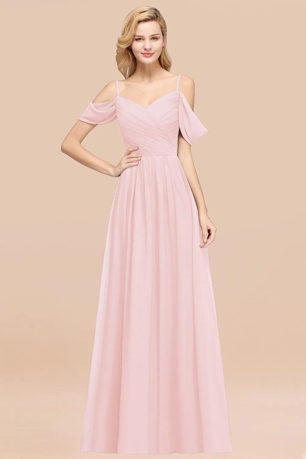 A-Line Chiffon V-Neck Spaghetti Straps Ruffles Long Bridesmaid Dresses with Sleeves