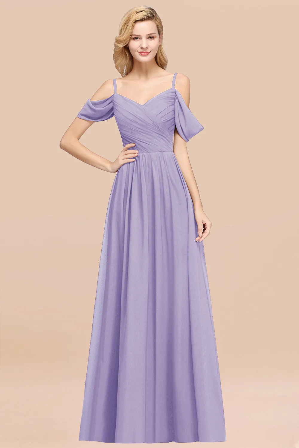 A-Line Chiffon V-Neck Spaghetti Straps Ruffles Long Bridesmaid Dresses with Sleeves