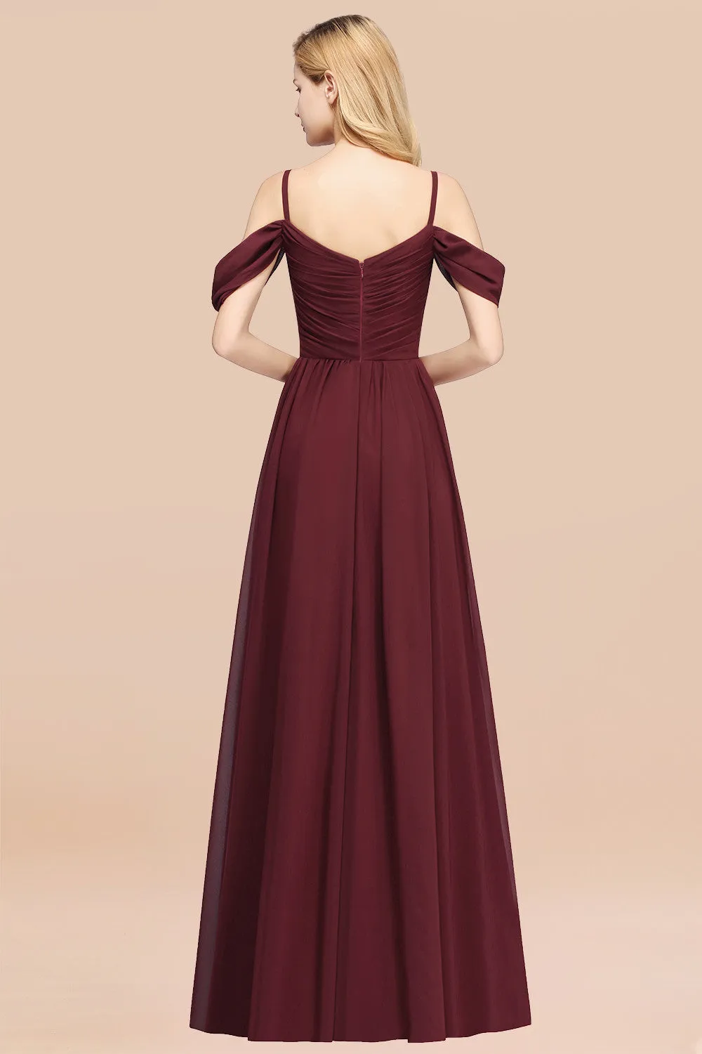 A-Line Chiffon V-Neck Spaghetti Straps Ruffles Long Bridesmaid Dresses with Sleeves