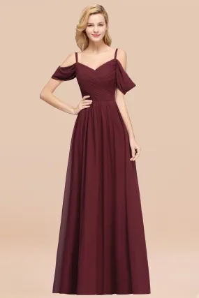 A-Line Chiffon V-Neck Spaghetti Straps Ruffles Long Bridesmaid Dresses with Sleeves