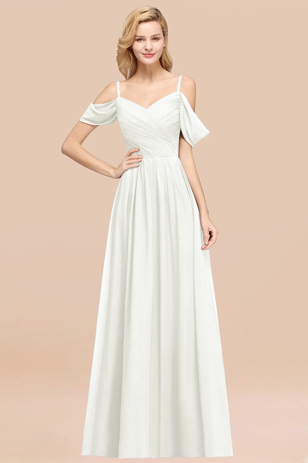 A-Line Chiffon V-Neck Spaghetti Straps Ruffles Long Bridesmaid Dresses with Sleeves