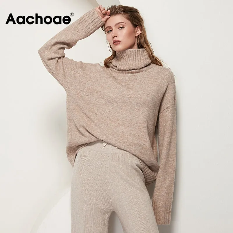 Aachoae Women Knitted Turtleneck Cashmere Sweater Pullover