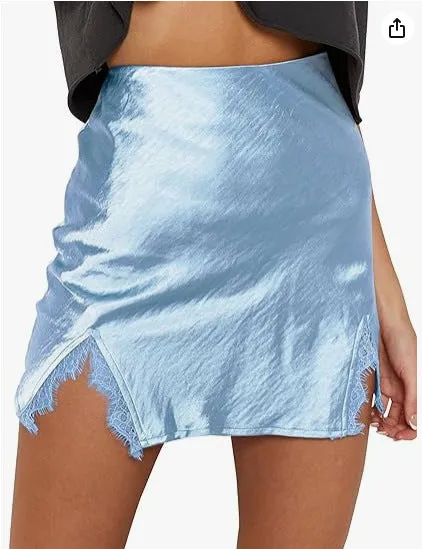 ALCEA ROSEA Women's Satin Silky Lace Trim Split Mini Skirt Slit Hem High Waist A-Line Short Skirt Solid Slit Skirts for Women