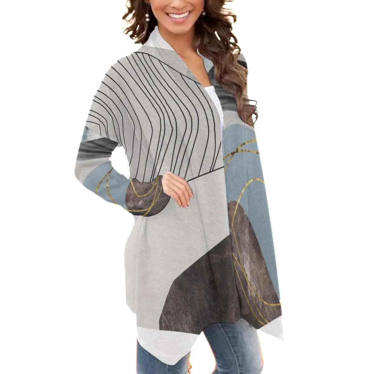 All-Over Print Women's Cardigan With Long Sleeve5 gray blue and black abstract print