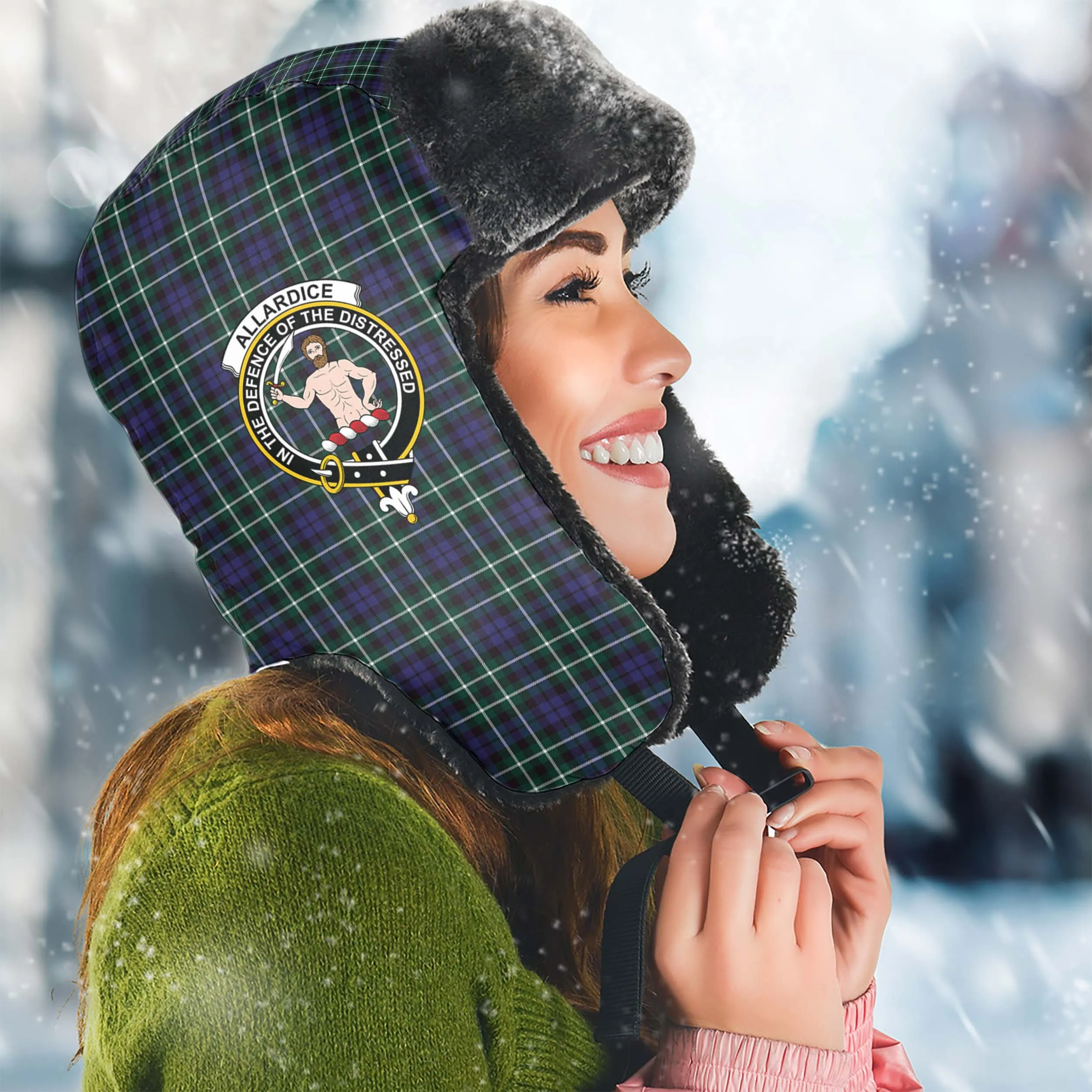 Allardice Tartan Winter Trapper Hat with Family Crest