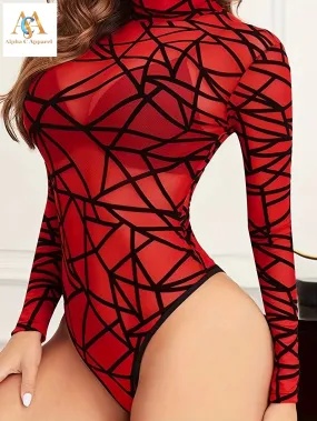 Alpha C Apparel Sexy Red Spider Web Mesh Bodysuit for Women - High Neck, Long Sleeve, See Through Lingerie & Underwear by Alpha C Apparel