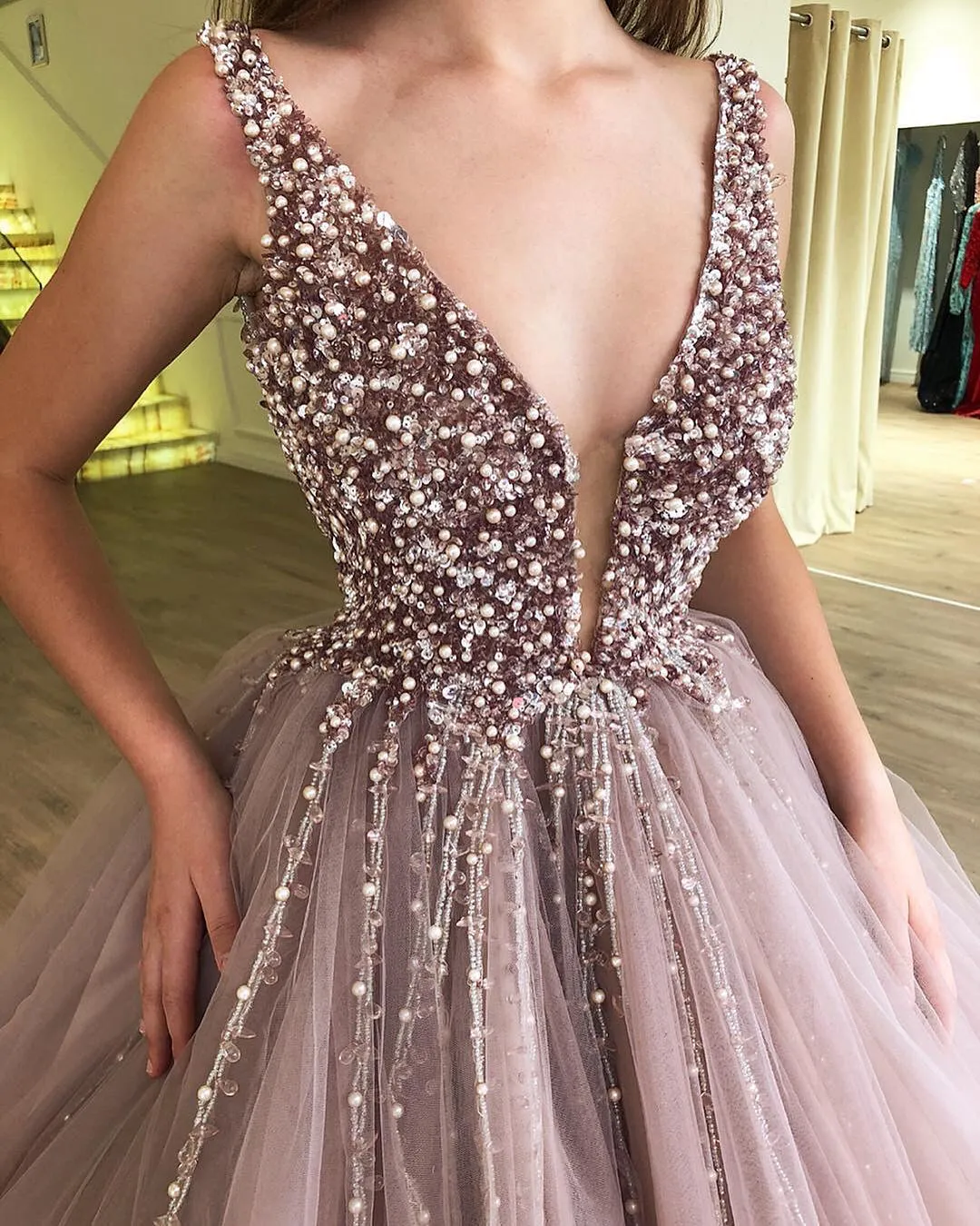 Amazing Long Ball Gown V-neck Tulle Prom Dress with Beading