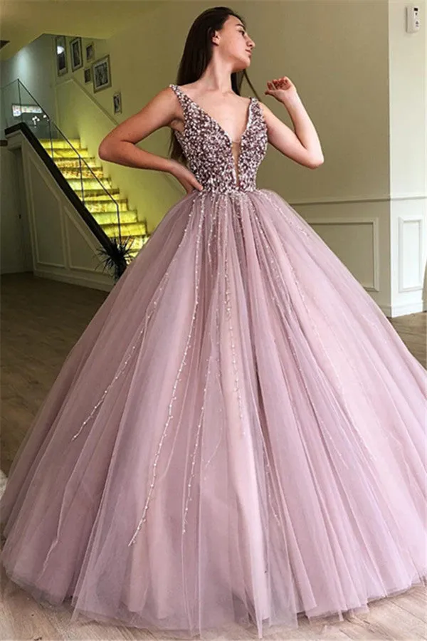 Amazing Long Ball Gown V-neck Tulle Prom Dress with Beading