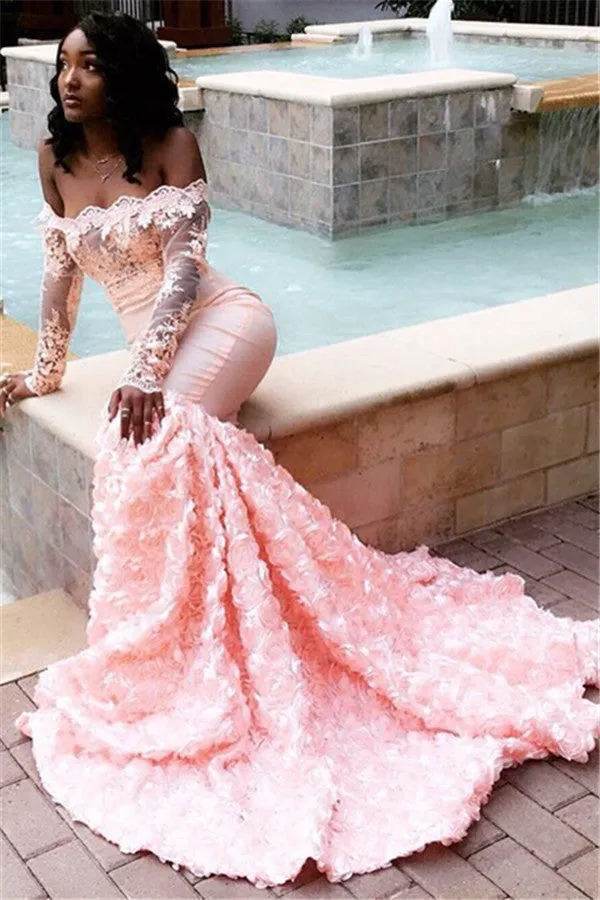 Amazing Pink Off-the-shoulder Appliques Mermaid Long Prom Dress