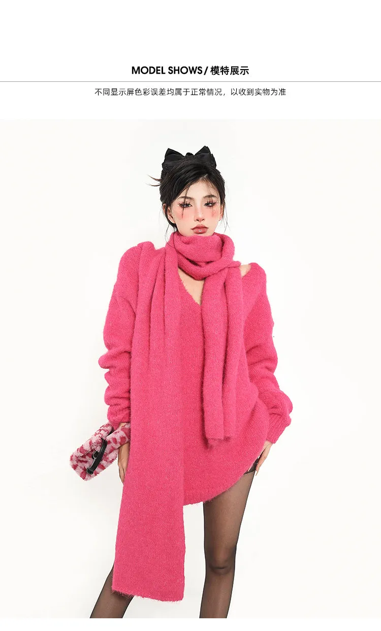 Ann Solid Color Hot Pink V-Neck Long Sleeve Scarf Sweater