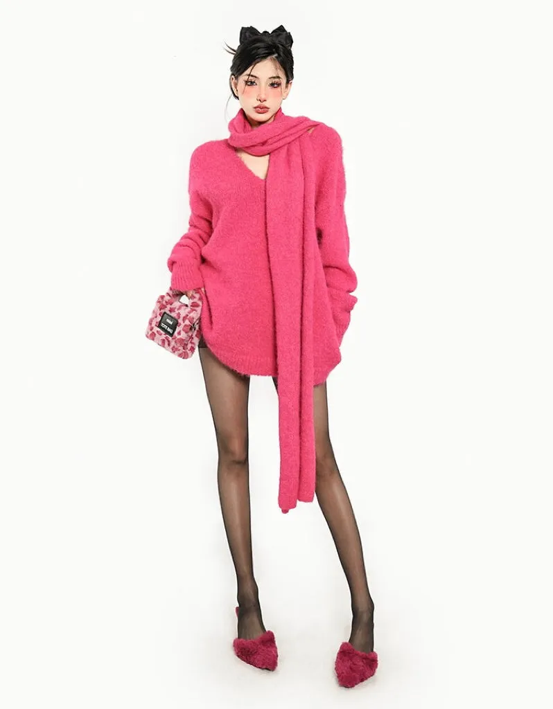 Ann Solid Color Hot Pink V-Neck Long Sleeve Scarf Sweater