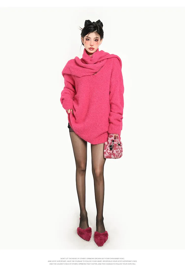 Ann Solid Color Hot Pink V-Neck Long Sleeve Scarf Sweater