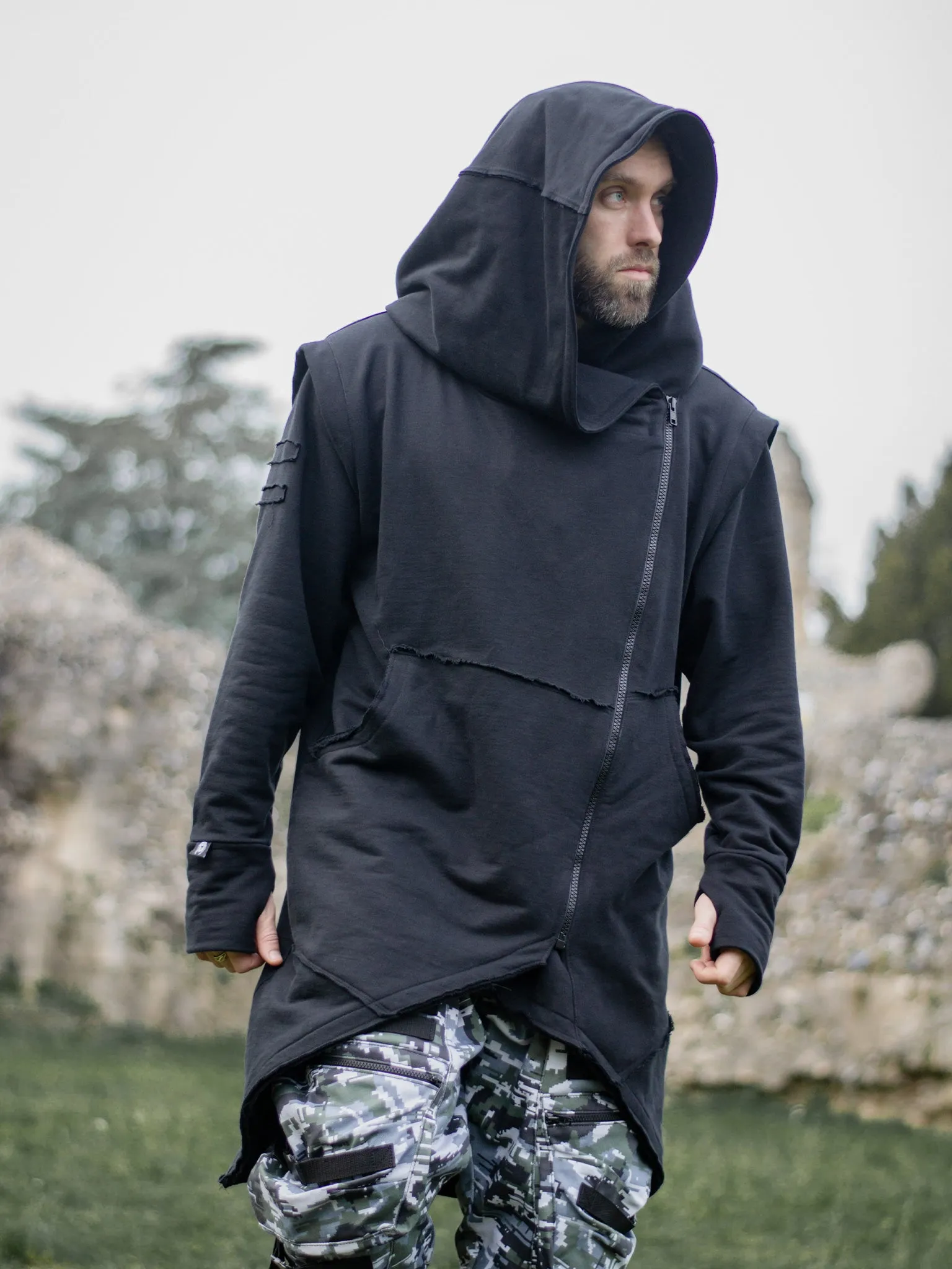 Arakion Men’s Asymmetric Zip Up Hoodie with Thumbholes