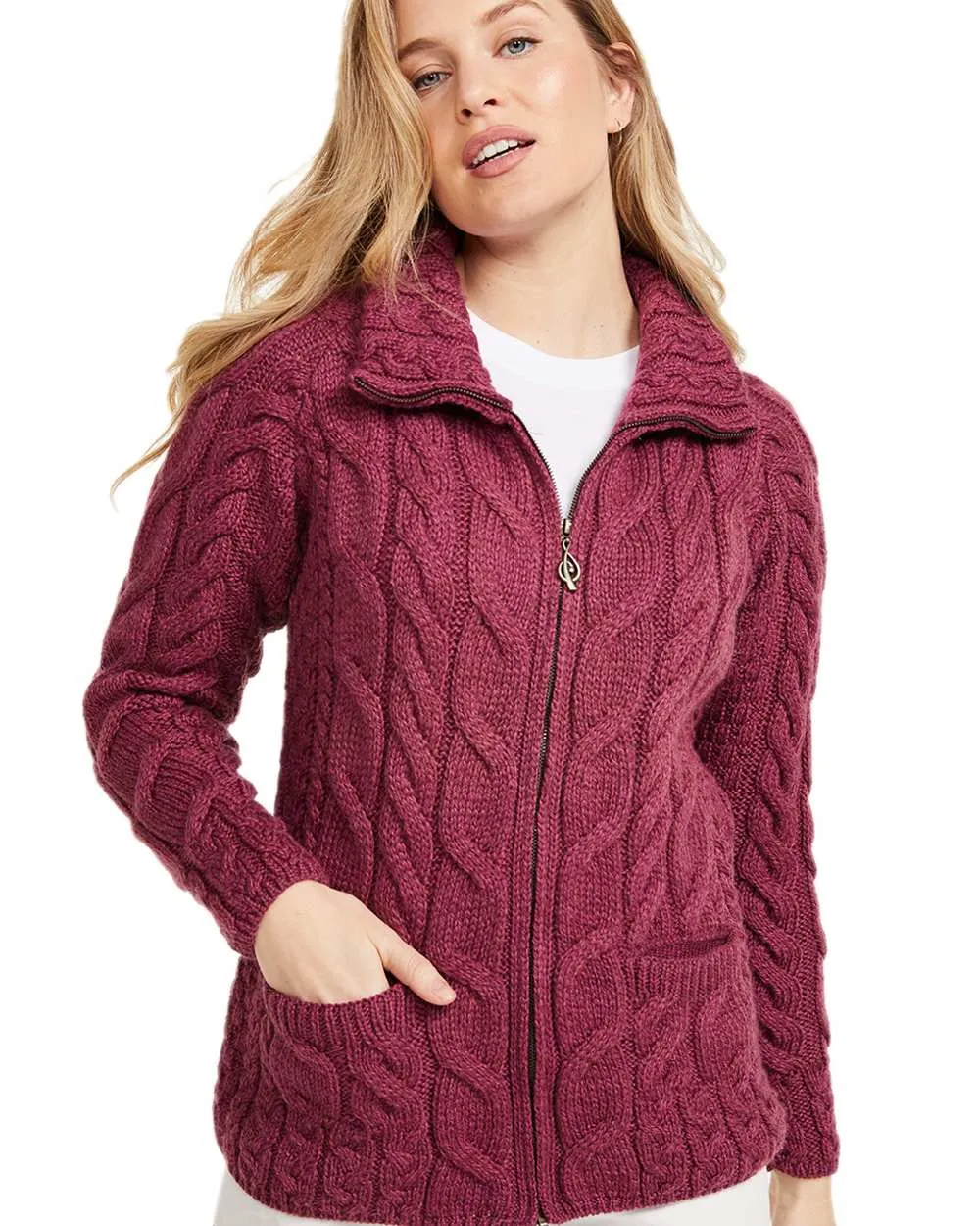 Aran Merino Wool Full Zip Cardigan