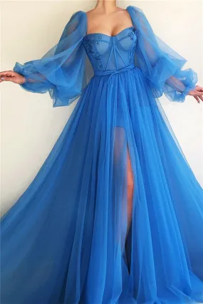 Awesome Long A-line Sweetheart Tulle Front Slit Prom Dress with Sleeves