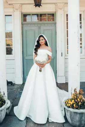 Beautiful Long A-line Off the Shoulder Satin Wedding Dresses