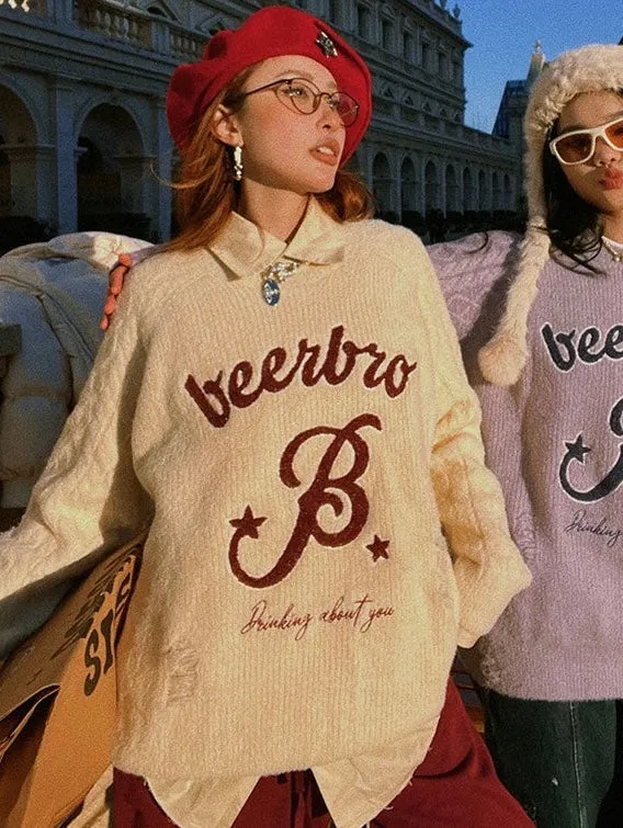 Beerbro B Letter Embroidery Solid Color Ribbed Long Sleeve Sweater