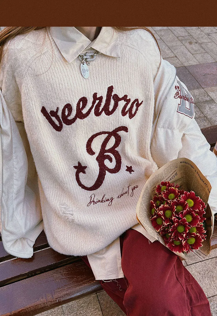 Beerbro B Letter Embroidery Solid Color Ribbed Long Sleeve Sweater