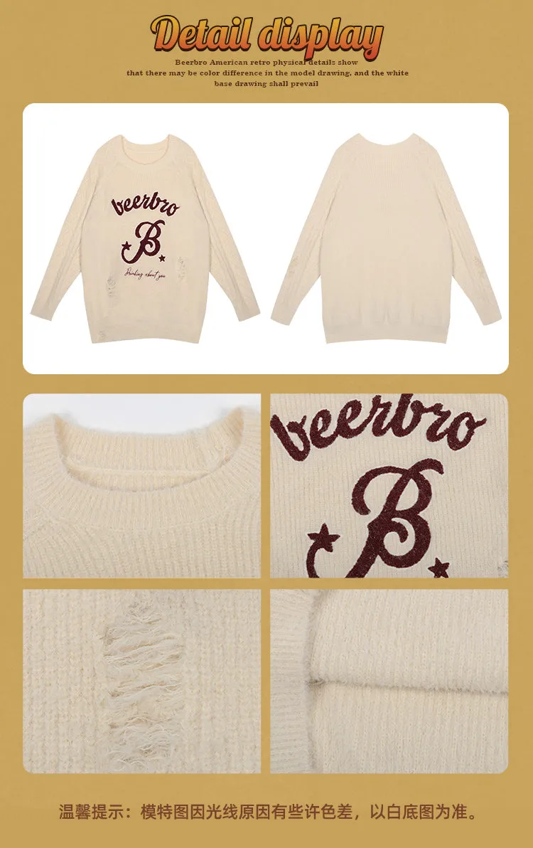 Beerbro B Letter Embroidery Solid Color Ribbed Long Sleeve Sweater