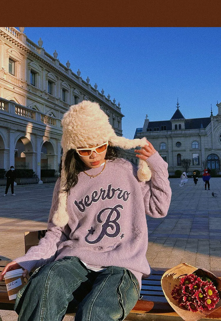 Beerbro B Letter Embroidery Solid Color Ribbed Long Sleeve Sweater