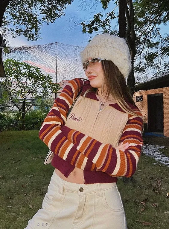 Beerbro Stripe Long Sleeves Zip Up Knitted Cropped Sweater