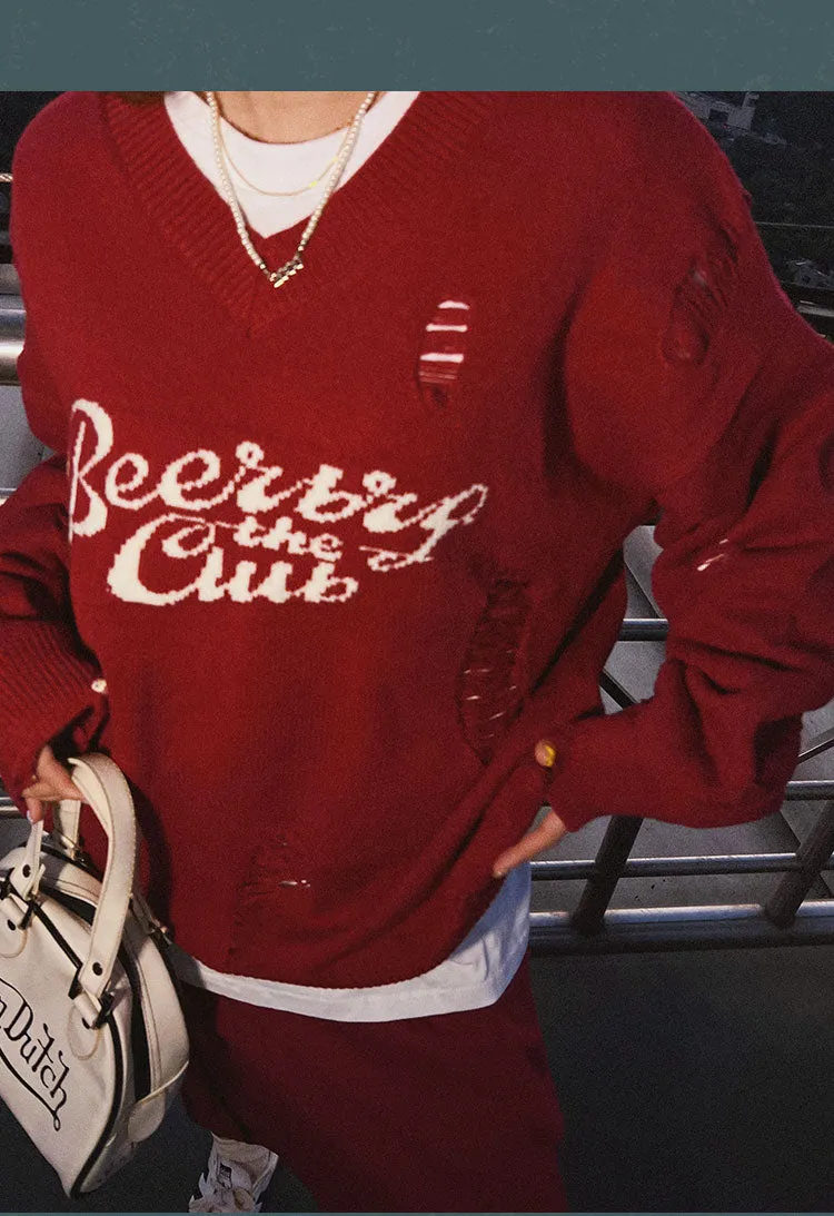 Beerbro the Club Letter Print Long Sleeve Knitted Sweater