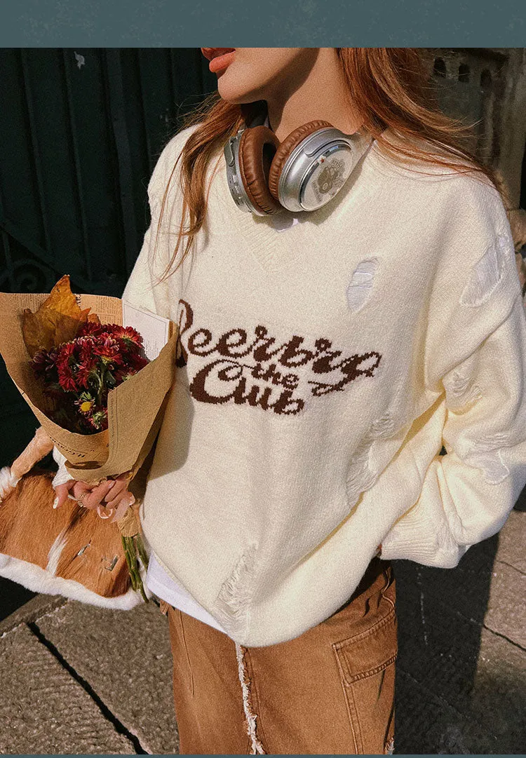 Beerbro the Club Letter Print Long Sleeve Knitted Sweater